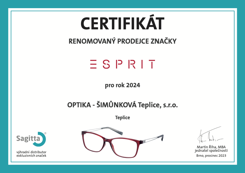 Certifikát ESPRIT 2024 - OPTIKA - ŠIMŮNKOVÁ Teplice, s.r.o.