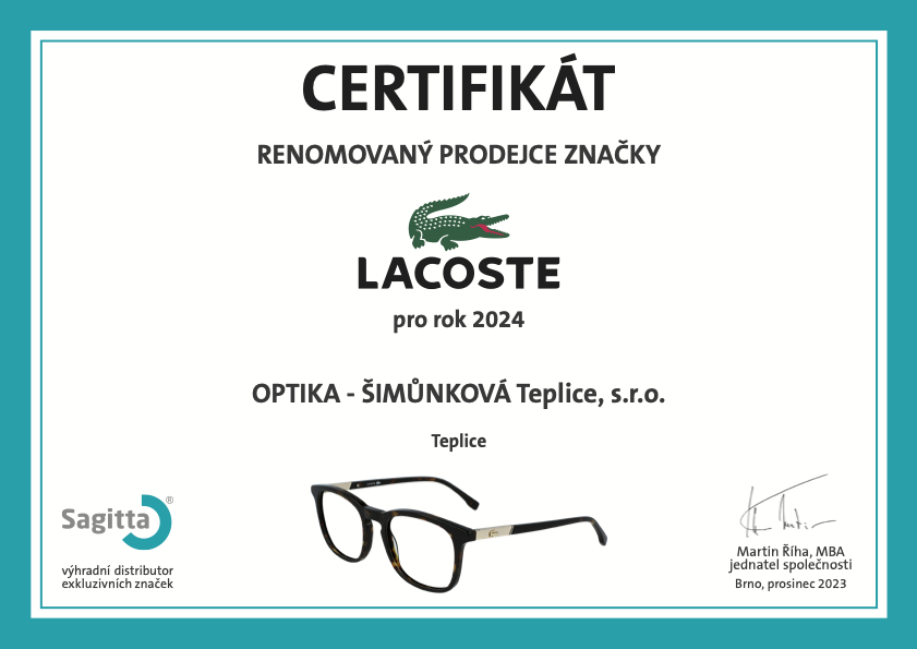 Certifikát LACOSTE 2024 - OPTIKA - ŠIMŮNKOVÁ Teplice, s.r.o.