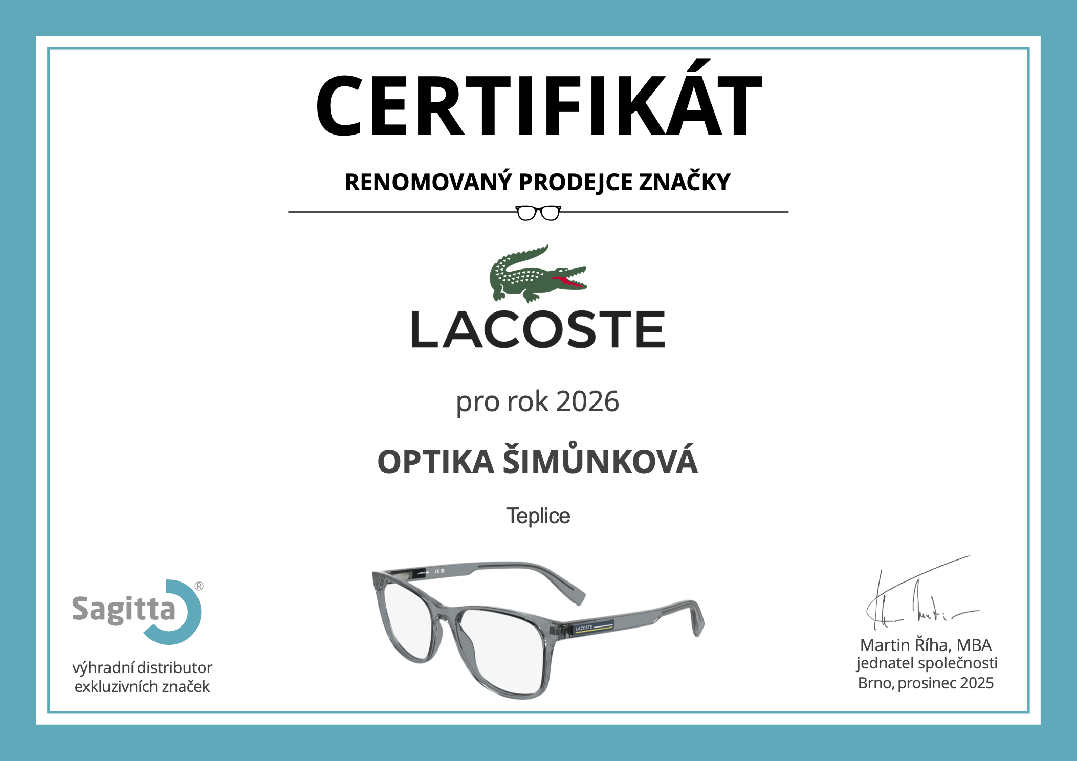 Certifikát LACOSTE 2026 - OPTIKA - ŠIMŮNKOVÁ Teplice, s.r.o.