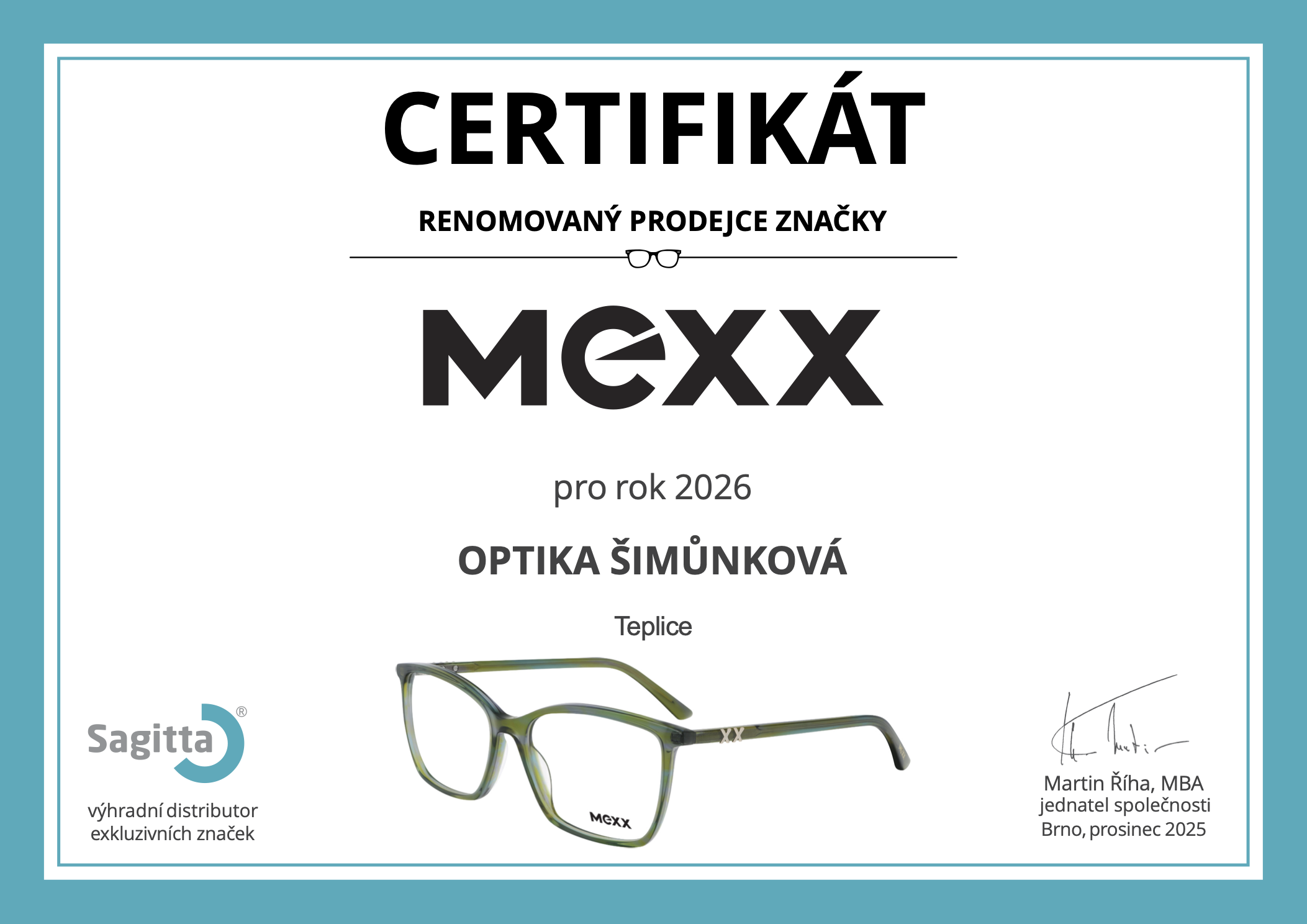 Certifikát MEXX 2026 - OPTIKA - ŠIMŮNKOVÁ Teplice, s.r.o.
