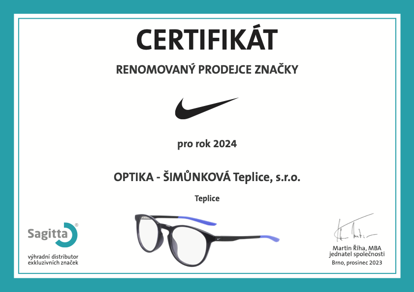 Certifikát NIKE 2024 - OPTIKA - ŠIMŮNKOVÁ Teplice, s.r.o.