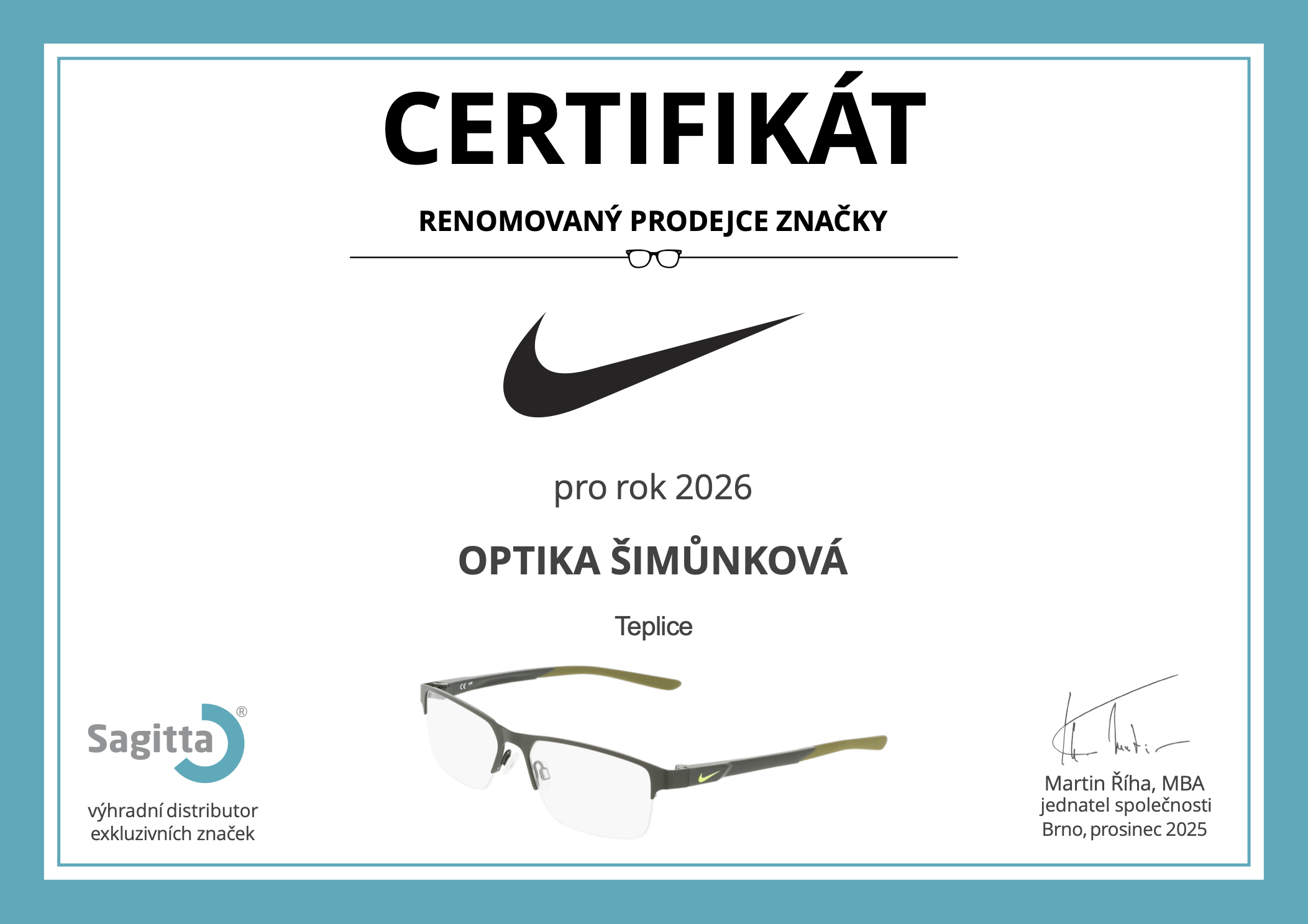 Certifikát NIKE 2026 - OPTIKA - ŠIMŮNKOVÁ Teplice, s.r.o.