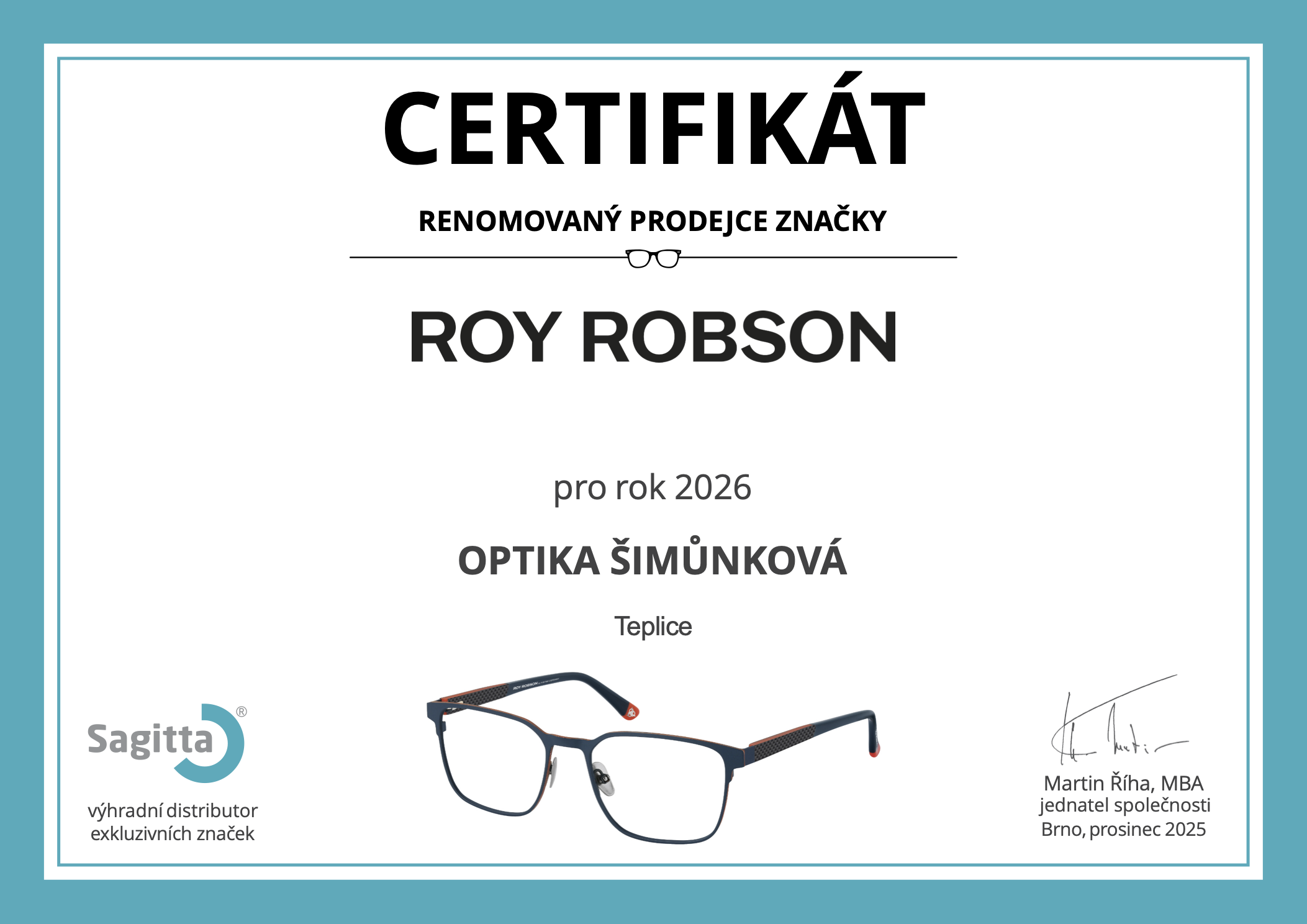 Certifikát ROY ROBSON 2026 - OPTIKA - ŠIMŮNKOVÁ Teplice, s.r.o.