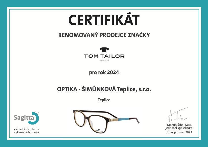 Certifikát TOM TAILOR 2024 - OPTIKA - ŠIMŮNKOVÁ Teplice, s.r.o.